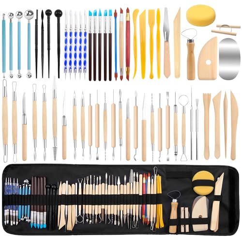 Pottery Clay Sculpting Tools Set, 61 Pcs | Double-sided ergonomic trimming tools with hardened rustproof metal heads and carrying case for beginners and students.