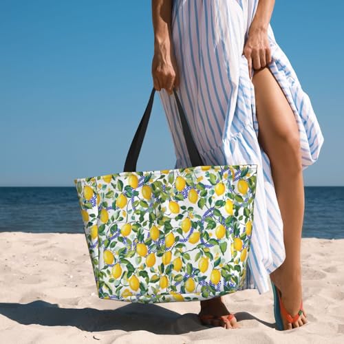 Large Beach Bag for Women Waterproof Foldable Travel Shoulder Tote Bag with Pocket for Weekender Pool Vacation - color: Lemon White