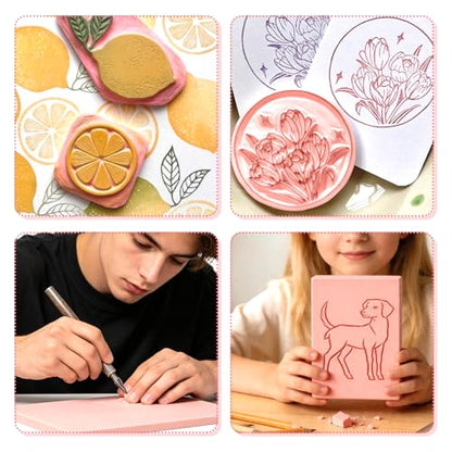 4 PCs 4x6 Inch Linoleum Blocks for Printmaking, Stamp Carving & DIY Linocut | Pink Rubber Stamp, Soft 0.8cm thick, Smooth, clean cuts, Beginner-friendly; For cards, fabric & classroom art