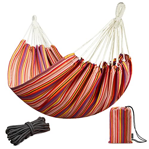 JoyView Brazilian Double Hammock with Hanging Ropes Extra Large 86.6x59” Portable Cotton Hammock for Patio Backyard Porch 450LBS Weight Capacity Perfect for Outdoor/Indoor - Red Stripes - color: Red Stripes