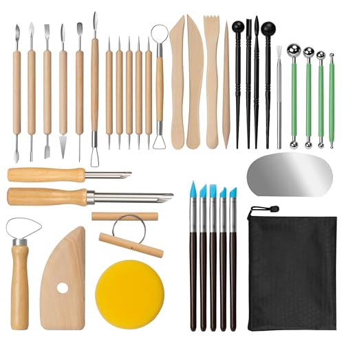 Amrules 38 Pcs Polymer Clay Sculpting Tools Kit for Adults, Light Yellow | Multi-Functional for Carving, Dotting & Molding, Ideal for Art Class & Pottery Studio, Comes with Zipper Storage Bag - color: Lightyellow-38Pcs
