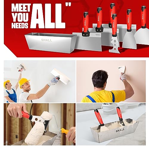 SHALL Drywall Tool Kit, 7 Pcs Stainless Steel Set Includes Putty Knife, Taping Knife, Painter Scraper Tool & 12" Mud Pan for Joint Taping, Finishing, Patching
