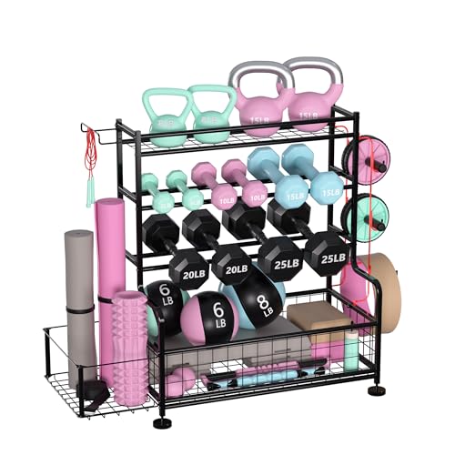 Garvee Dumbbell Rack, Weight Rack for Home Gym, Weight Rack for Dumbbells with Hooks, Home Gym Storage Rack for Yoga Mat Kettlebells and Strength Training Equipment, Powder Coated Finish Steel