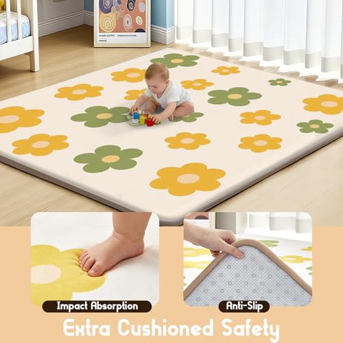 Baby Play Mat for Floor, 1.3-Inch Thickened Foam Soft Padded Playmat for Tummy Time, 59x71 Water-Repellent Coral Velvet Playpen Mat for Toddlers Infant Kids, Floral Prints - color: Beige-Flower, size: 59" X 71"