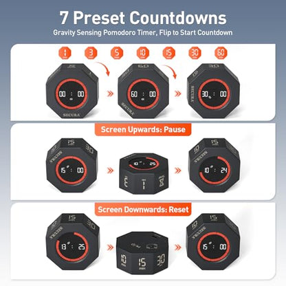 Secura Pomodoro Timer with 1/3/5/10/15/30/60 Min Presets, 3 Level Volume - color: Dark Gray