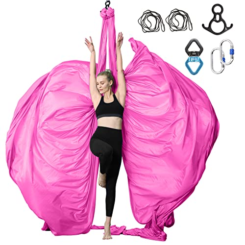Aerial Silks Yoga Swing Set, Fitness Aerial Yoga Kit - color: Hot Pink