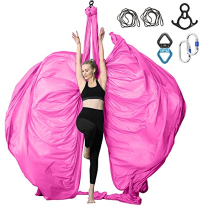 Aerial Silks Yoga Swing Set, Fitness Aerial Yoga Kit - color: Hot Pink