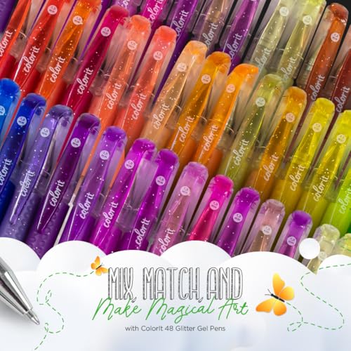 ColorIt Glitter Gel Pens for Coloring – 96 Pack with 48 Premium Glitter Gel Pens & 48 Refills with 1 Travel Case - Vibrant Colors for Journaling, Writing, Adult Coloring Books, and Creative Projects - style: 48 Glitter Gel Pens | 48 Refills