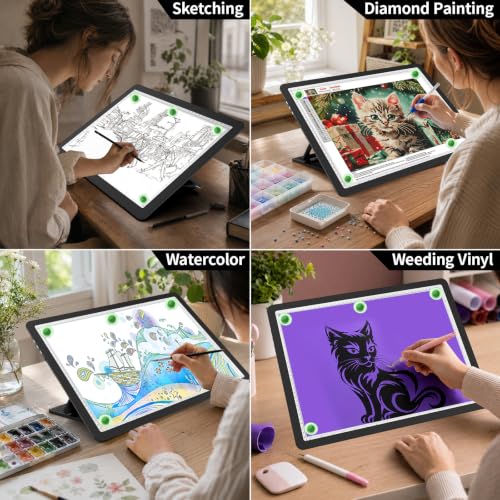 LEACUBER Rechargeable A3 Light Pad with Stand & Bag, Super Bright Magnetic Tracing Light Box with Side Buttons, Diamond Art Light Board for Diamond Painting, LED Light Table for Sketching, Drawing - size: A3 with Carry Bag