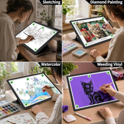 LEACUBER Rechargeable A3 Light Pad with Stand & Bag, Super Bright Magnetic Tracing Light Box with Side Buttons, Diamond Art Light Board for Diamond Painting, LED Light Table for Sketching, Drawing - size: A3 with Carry Bag