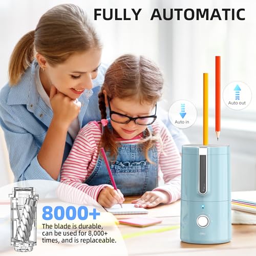 deli Electric Pencil Sharpener, Fully Automatic Pencil Sharpener | for 6.9-8mm Pencils, 5 Sharpness Modes, Rechargeable Hands-Free Sharpener for Classroom Home Office,Blue - color: Blue