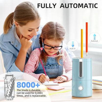 deli Electric Pencil Sharpener, Fully Automatic Pencil Sharpener | for 6.9-8mm Pencils, 5 Sharpness Modes, Rechargeable Hands-Free Sharpener for Classroom Home Office,Blue - color: Blue