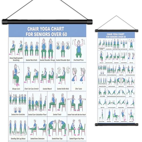 Chair Yoga Wall Chart 16.8*39.4"-31Poses for Seniors & Beginners – Fabric Poster with Hanging Rod & Rope – Durable, Foldable, and Easy to Display in Home or Office – Stretching & Mobility Guide