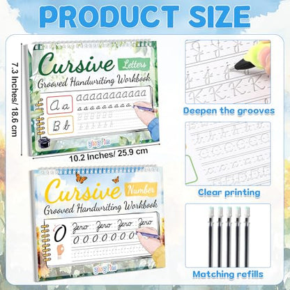gisgfim 2 Pack Grooved Cursive Handwriting Workbook Magic Grooved Cursive Reusable Handwriting Practice Tracing with Disappearing Ink Pens for Kids Learning Activities Supplies (Letters&Number) - style: Letters+Numbers