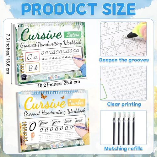 gisgfim 2 Pack Grooved Cursive Handwriting Workbook Magic Grooved Cursive Reusable Handwriting Practice Tracing with Disappearing Ink Pens for Kids Learning Activities Supplies (Letters&Number) - style: Letters+Numbers
