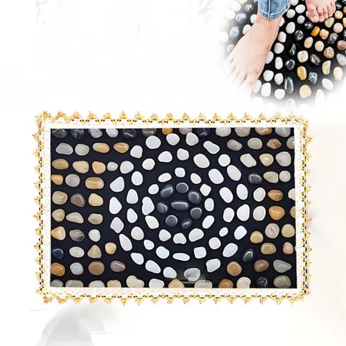 Foot Massage Mat Acupressure, Reflexology Pebble Pad for Pain Relief | Natural cobblestone foot massager mat with flexible base & lace border. Stimulates acupoints for pain relief & relaxation - color: Pebble-round