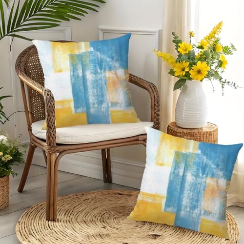 Blue and Yellow Abstract Pillow Covers Set of 2, 18x18 inches Modern Oil Painting Texture Throw Pillows, Double-Sided Soft Flannel Decorative Cushion Case for Living Room Sofa Couch Bed Office Decor - color: Blue Yellow161