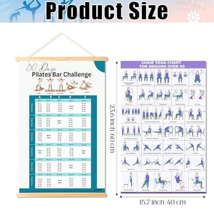 Yoga Poses Wall Posters - 31 Chair Exercise Workouts Fitness Chart for Home Gym, Yoga Illustrated and Action Stretching Work Out Guide Schedule Poster with Magnet Hanging Rod (23.6 X 15.7 In)