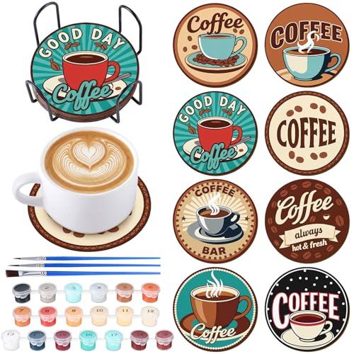 Reallnaive 8 Pcs Coffee Paint by Numbers Kit for Adults Wooden Coaster | Mini Paint by Numbers, Tiny Brown Round Oil Painting Drink Coaster with Holder, for Small DIY Craft Birthday Gift - style: Coffee