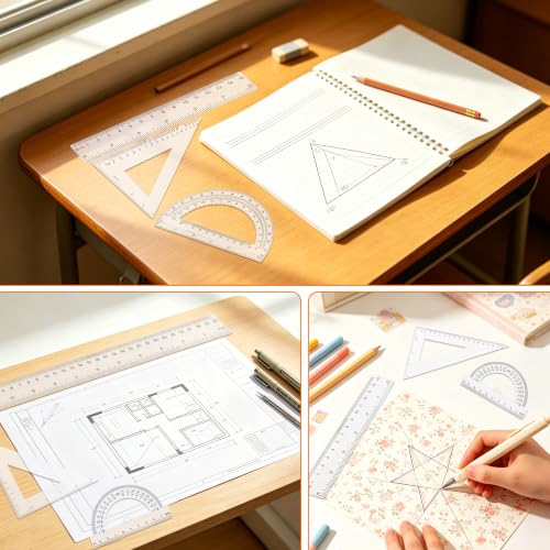 Plastic Clear Ruler Math Set - 6'' 12'' Transparent Straight Ruler, 4'' 6'' Protractor, 30/60 & 45/90 Triangle Ruler, Geometry Math Measuring Tool for School Office Drawing Teachers Kids Supplies - color: Transparent