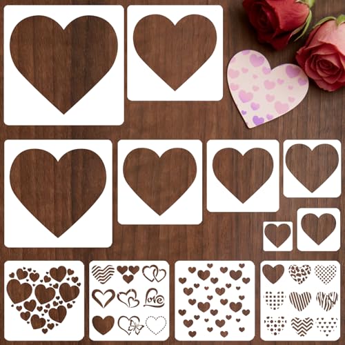 12 PCS Love Heart Stencils for Painting - Different Size Love red Heart Reusable Valentine's Painting Templates on Wood, Glass, Fabric, Window Door Decor DIY Decoration - style: 12 PCS Heart
