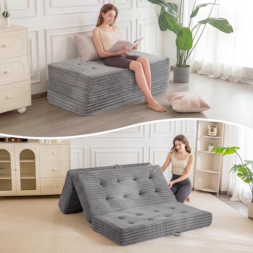 MAXYOYO Folding Sofa Couch Bed, 6 Inch Tri-Fold Floor Sofa Bed, Folding Mattress with Handles, Soft Faux Fur Folding Bed with Supportive Foam Filling, Portable Couch for Living Room, Twin, Grey - color: Grey, size: Twin