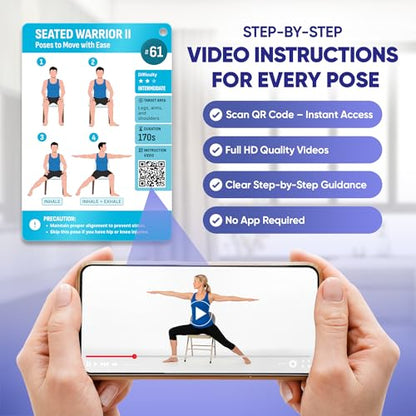 [100+ BIG CARDS] Chair Yoga for Seniors Over 60 - Chair Yoga Cards with Step-by-step Guides Full HD Videos, 28 Days Challenge for 3 Levels, Bonus 4 Rings & Wooden Base, Chair Exercises for Senior