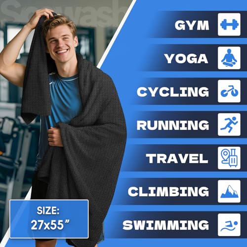Microfiber Gym Towels for Showering Working Out Quick Dry Negative ions Large Middle Small Sizes Lightweight Gym Towel for Men Women Tennis Sports Towels for Body Hot Yoga Fitness Essentials - color: Black, size: 27 inch X 55 inch