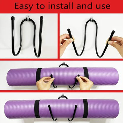 Upgraded large Yoga Mat Holder Wall Mount, Metal Storage Rack for Yoga Mat/Wheels, Foam Roller etcs, Wall Rack Organizer Hooks for Hanging Stretching Strap & Resistance Bands, Yoga Room/Home Gym Decor