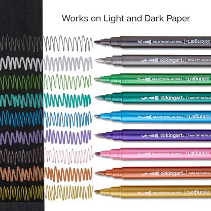KINGART 24 Metallic Dual Tip Brush + Fine Markers - Easy for All Ages & Levels Pens for Card Making, Journaling, Scrapbooking, Fabric, Rock, Glass, DIY, Black Paper, Art Supplies, Halloween, Christmas