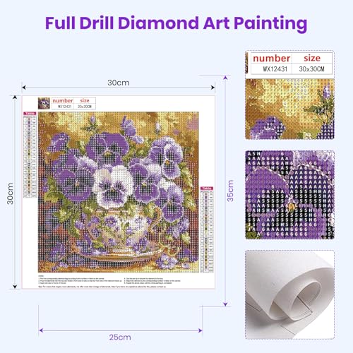 Bowetile 5D Diamond Art Flowers Kits for Adults Beginners, Violet Diamond Painting Kits, DIY Full Round Drill Diamond Dots Paintings Picture Flower Gem Art Craft for Home Wall Decor 12x12 Inch - color: Flowers