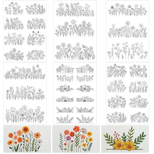 Water Soluble Stabilizer Embroidery Pattern - Flower Stick & Stitch Embroidery Paper Wash Away, Floral Frame Hand Sewing Embroider Patterns for Jean Bag T-Shirt (6 Sheets)