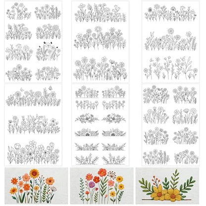 Water Soluble Stabilizer Embroidery Pattern - Flower Stick & Stitch Embroidery Paper Wash Away, Floral Frame Hand Sewing Embroider Patterns for Jean Bag T-Shirt (6 Sheets)