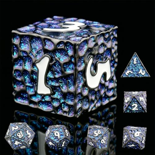Haxtec Metal DND Dice Set, 7 Pcs Meteorite Texture Polyhedral Dice for RPG | Glitter Blue D&D with Leather Bag, White Number, Compatible with Dungeons and Dragons, Heavy Metallic, Gifts for Table Games - color: Black Blue White