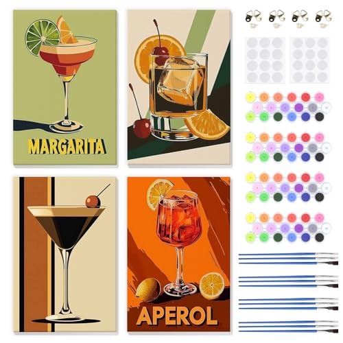 QENSPE 4 Pack Paint by Numbers Kit for Adults with Wooden Frame, Cocktails Adults Paint by Number for Beginners, DIY Acrylic Oil Painting Kits on Canvas, Home Wall Decor Gift 8X12 inch - color: Cocktail 1