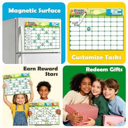 Magnetic Reward Chart for Kids, Customizable Dry Erase Weekly Chore Chart - size: 1 Kid-Dinosaurs