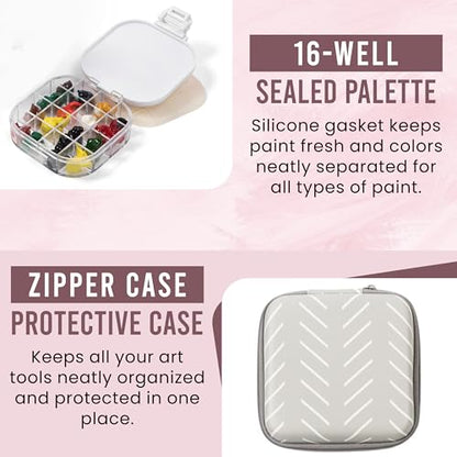 Airtight Watercolor Palette with Lid - Set of 5 Paint Brush Holder Cup with Paint Palette | Acrylic Paint Palette | Paint Brush Cleaner Cup | Painting Accessories | Painting Palette Gifts for Artists - color: Herringbone