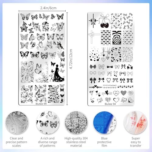 Biutee 10 PCS Nail Art Stamping Plates Set Nail Stamping Kit | Nail Stamp Plate Butterfly Starry Sky Flower Bowknot Design Nail Stamper Kit with Nail Stamper Scraper and Storage Bag - color: 14 Piece Set