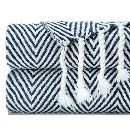 Chanasya Premium Chevron Super Soft Acrylic Throw Blanket with Tassels Cozy Lightweight Fluffy Woven Blanket for Bed Sofa Chair Couch Living Bed Room Navy and White Blanket (50x65 Inches) Dark Blue - color: Dark Blue