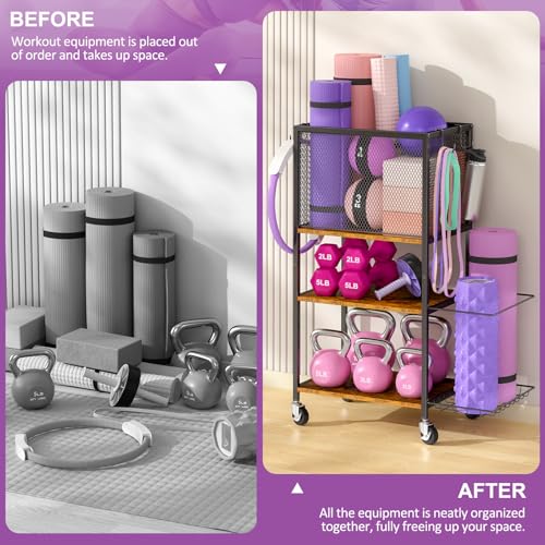 Dumbbell Rack, Yoga Mat Storage Holder, Home Gym Storage Rack, Workout Equipment Storage Organizer, Weight Storage Holder Rack with Hooks and Wheels - size: 3 Tier