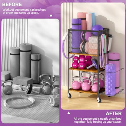 Dumbbell Rack, Yoga Mat Storage Holder, Home Gym Storage Rack, Workout Equipment Storage Organizer, Weight Storage Holder Rack with Hooks and Wheels - size: 3 Tier