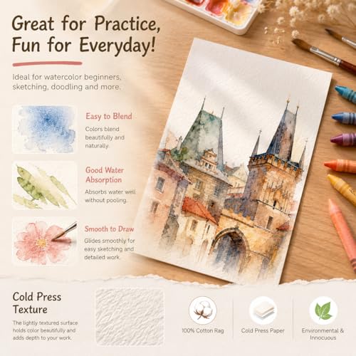 Fyess 120 Sheets Watercolor Paper Bulk, 5x7 Inch Cold Press Watercolor Paper, 140lb/300 GSM Textured Art Paper for Beginners, Students, Hobby Painting & DIY Crafts