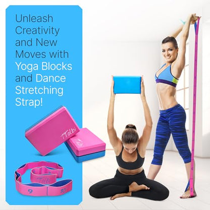 Yoga Blocks 2 Pack with Strap and Guide – Soft Non-Slip EVA Foam Blocks | High-Density Pilates Blocks for Home Workouts, Dance, Ballet, Gymnastics & Stretching Exercise, Dance Accessories and Gifts - color: Pink/Blue & Stretch Band Pink