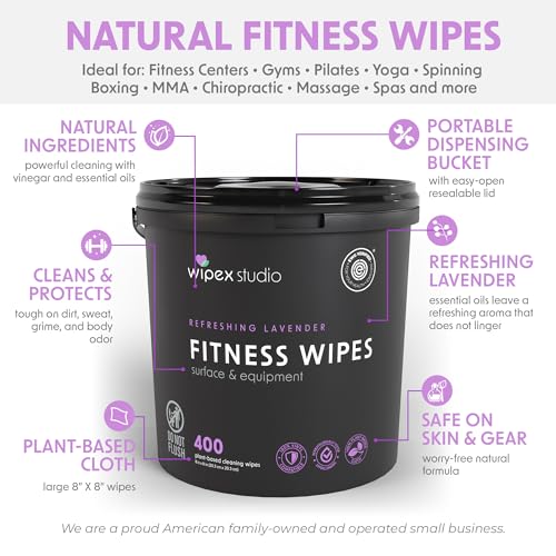 Wipex Gym Wipes – EWG Verified, Fitness Equipment Wipes, Plant-Based Cloth - Lavender & Vinegar to Clean Surfaces, Safe Yoga Mat Cleaner, All Purpose Gym Cleaner, Peloton Bikes, 400 Count (2 Pk) - size: 400 Count (Pack of 2), style: Lavender: Bucket