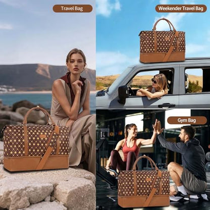 Weekender Bag, Large Travel Duffel Bag for Women, Carry on Overnight Bag with Shoe Compartment and Toiletry Bags - color: D-3PCS Coffee