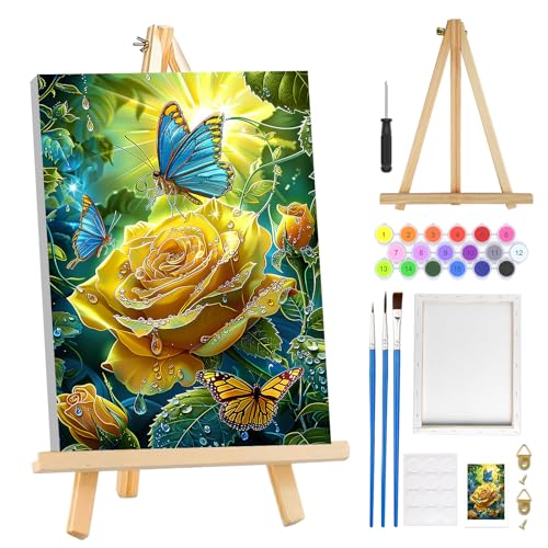 MOGTAA Paint by Numbers Kit for Adults with Frame, Rose Landscape Paint by Number Canvas, Butterfly Paint by Numbers with Easel, DIY Flowers Oil Painting Kit for Home Wall Decor 8 x 12 Inch - color: Rose