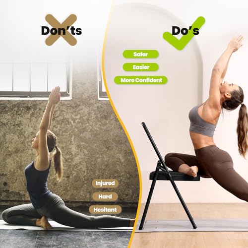 Foldable Yoga Auxiliary Chair with 3 Training Guide Posters for Versatile Exercises, Yoga Assist Handstand Chair with Detachable Lumbar Back Support for Stretching, Balance Training. (Black)