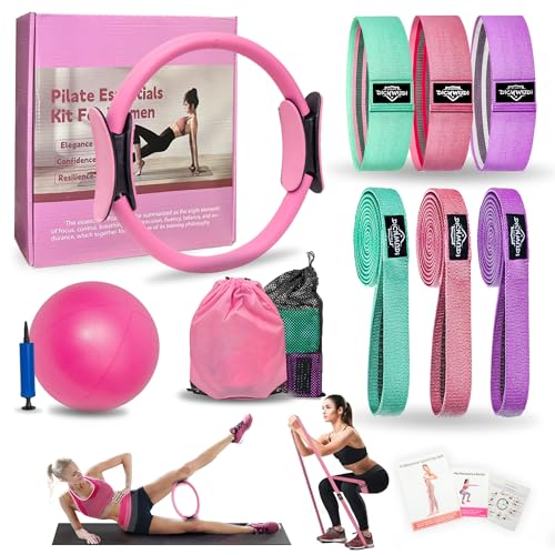 DICYWUDI Pilates Essentials Kit for Home Women, Pilates Equipment for Workouts, 6 Fabric Resistance Bands, 12 Inch Magic Circle Yoga Ring, Mini Exercise Ball, Great Exercise Equipment - color: 8pcs Pink set