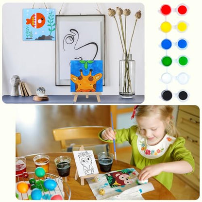 Tenceur 48 Pcs Kids Paint Party Set, 12 Pre Drawn Animal Canvas with Easel | Wooden Easel, Paint Pots, Brushes, Mini Apron, Tote Bag for Art Class, Birthday Parties, Back to School Activities - style: Stylish