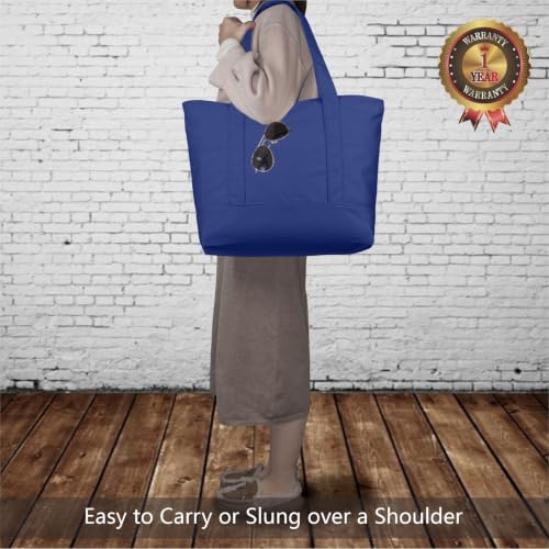 TOPDesign 1-Pack Canvas Tote Bag with an External Pocket, Reusable Grocery Shopping Bag, Top Zipper Closure, Daily Essentials (Blue) - color: Blue
